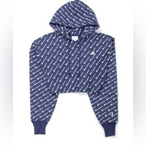 SOLD Navy Blue Champion Reverse Weave All Over Print Logo Cropped Hoodie Medium